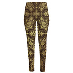 Gold And Brown Thai Pattern Print High-Waisted Pocket Leggings