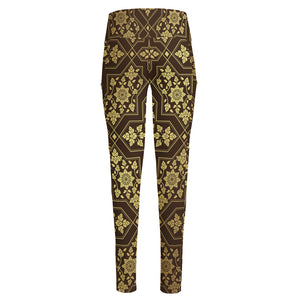 Gold And Brown Thai Pattern Print High-Waisted Pocket Leggings