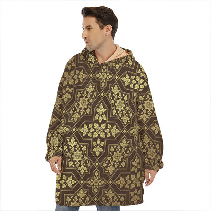 Gold And Brown Thai Pattern Print Hoodie Blanket