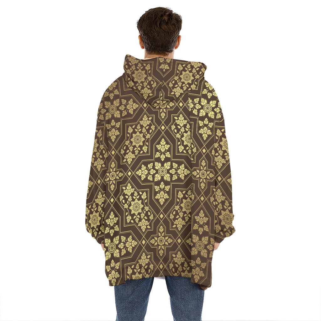 Gold And Brown Thai Pattern Print Hoodie Blanket