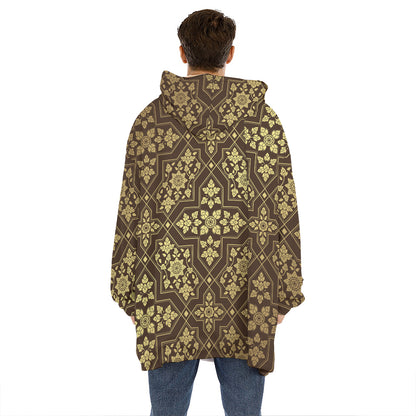 Gold And Brown Thai Pattern Print Hoodie Blanket