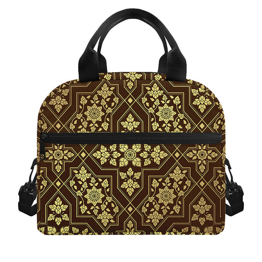 Gold And Brown Thai Pattern Print Insulated Lunch Bag