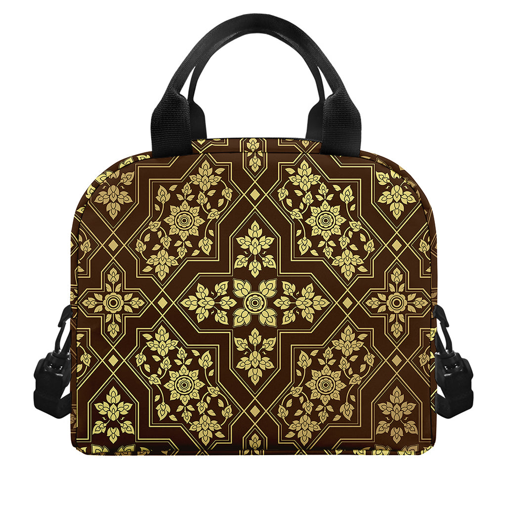 Gold And Brown Thai Pattern Print Insulated Lunch Bag