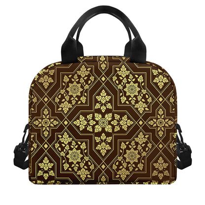 Gold And Brown Thai Pattern Print Insulated Lunch Bag