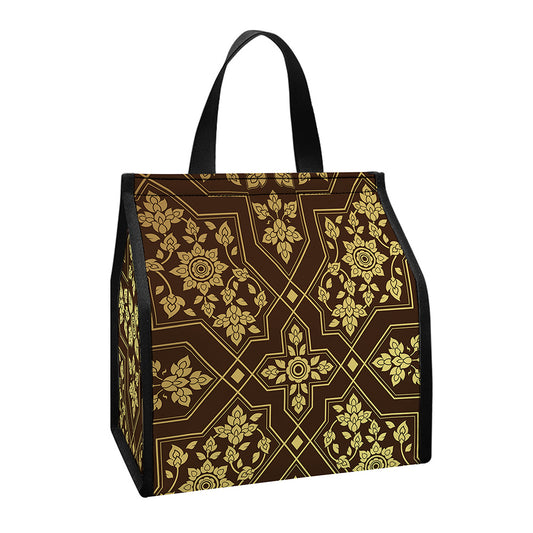 Gold And Brown Thai Pattern Print Insulated Lunch Tote