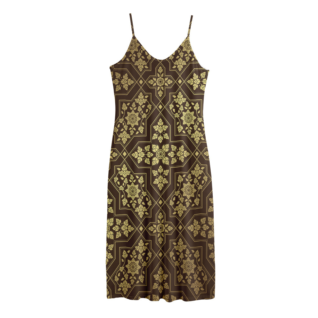 Gold And Brown Thai Pattern Print Jersey Midi Cami Dress
