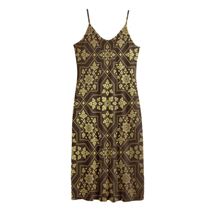 Gold And Brown Thai Pattern Print Jersey Midi Cami Dress