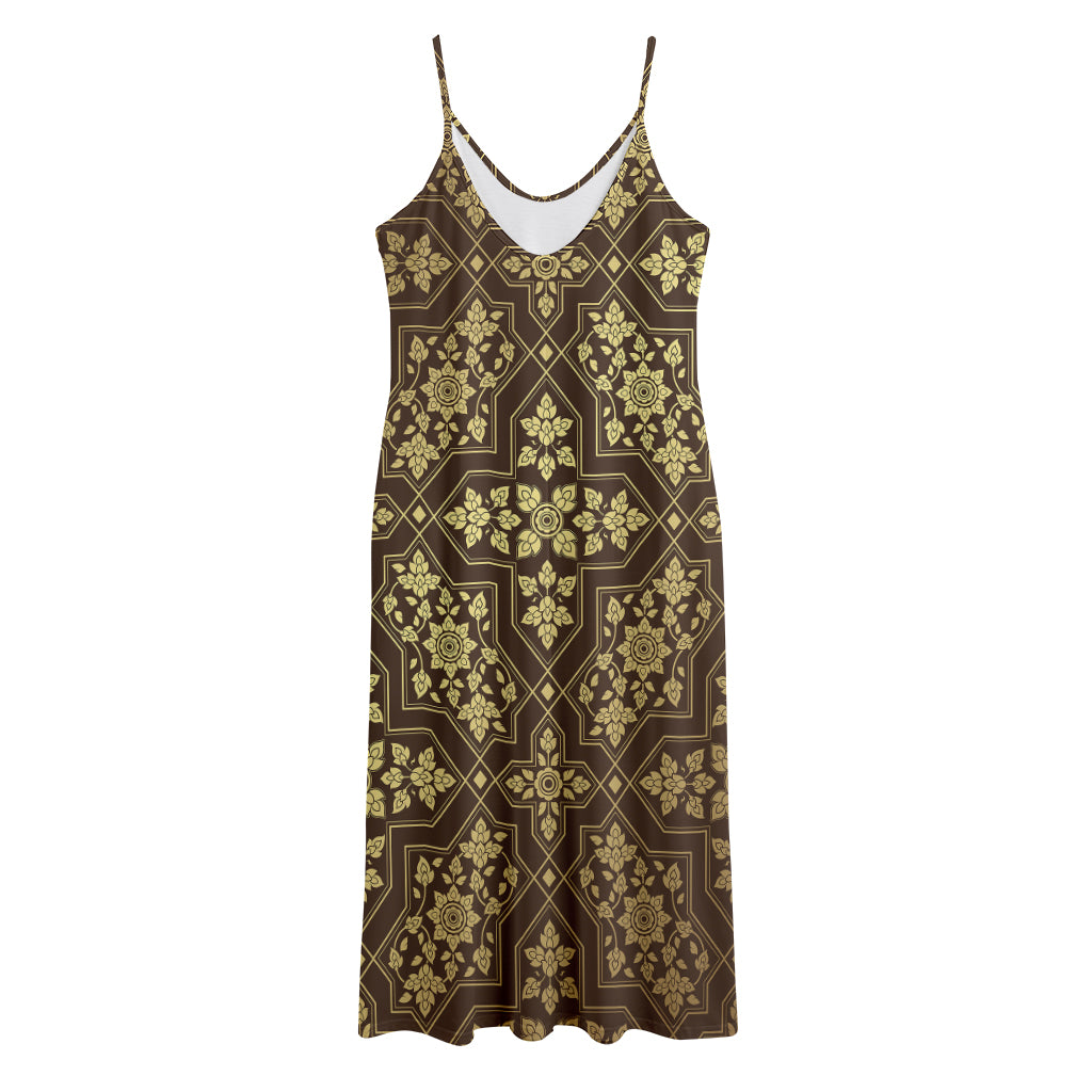 Gold And Brown Thai Pattern Print Jersey Midi Cami Dress