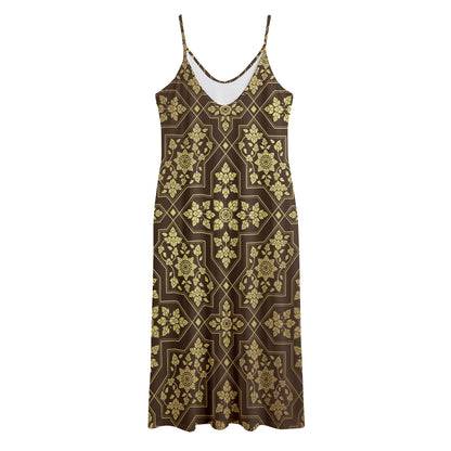 Gold And Brown Thai Pattern Print Jersey Midi Cami Dress