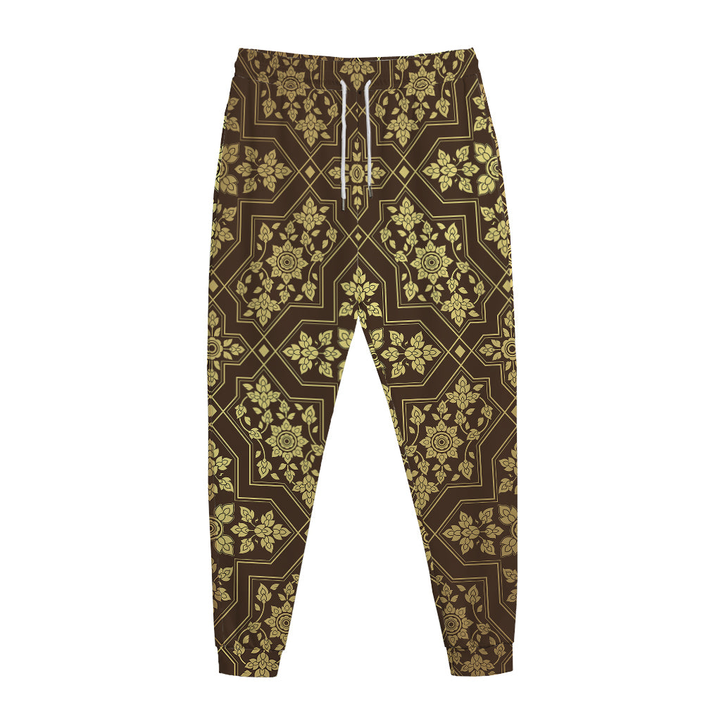 Gold And Brown Thai Pattern Print Jogger Pants