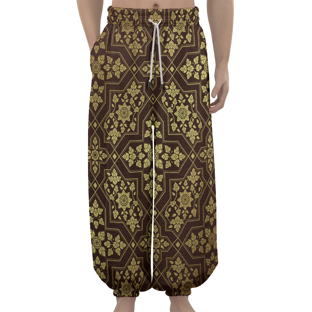 Gold And Brown Thai Pattern Print Lantern Pants