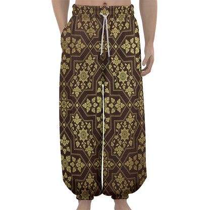 Gold And Brown Thai Pattern Print Lantern Pants