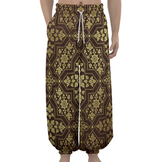 Gold And Brown Thai Pattern Print Lantern Pants