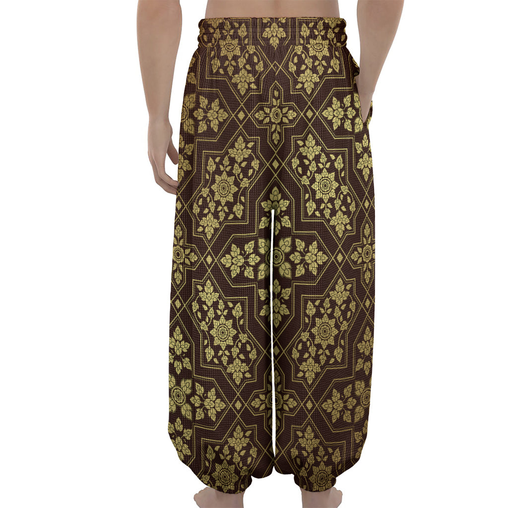 Gold And Brown Thai Pattern Print Lantern Pants