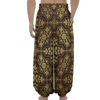 Gold And Brown Thai Pattern Print Lantern Pants