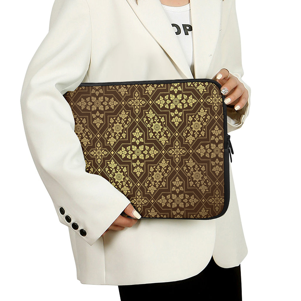 Gold And Brown Thai Pattern Print Laptop Sleeve