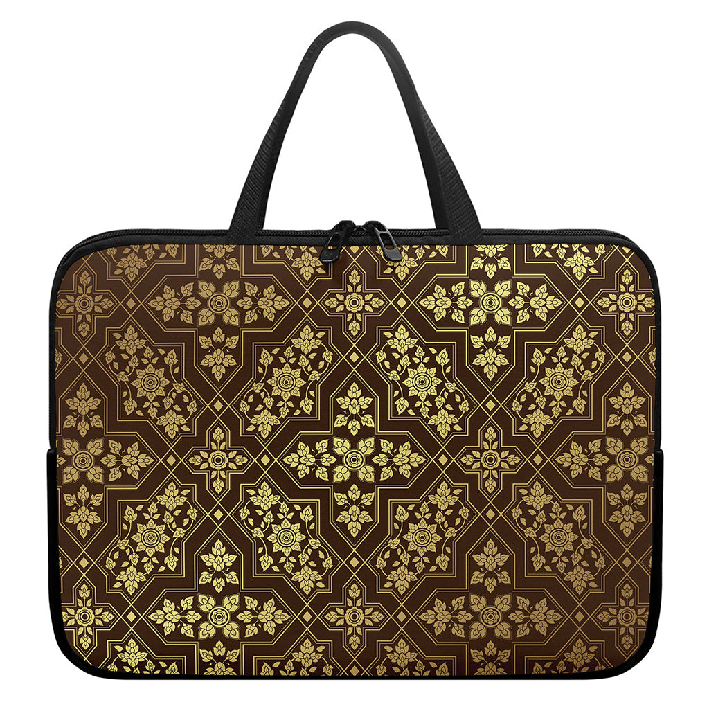 Gold And Brown Thai Pattern Print Laptop Sleeve With Handle