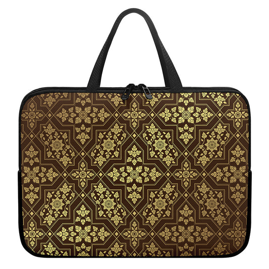 Gold And Brown Thai Pattern Print Laptop Sleeve With Handle