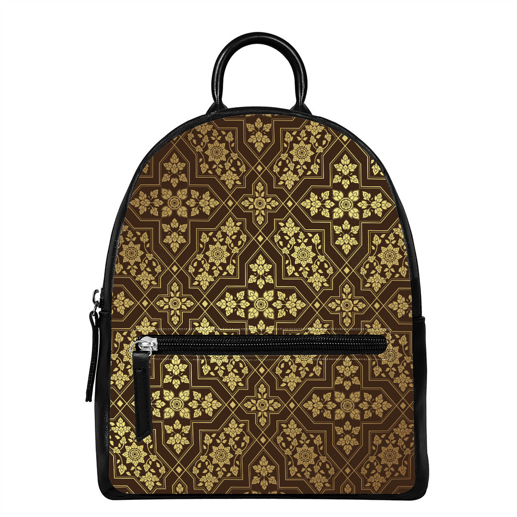 Gold And Brown Thai Pattern Print Leather Backpack
