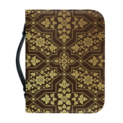 Gold And Brown Thai Pattern Print Leather Bible Cover