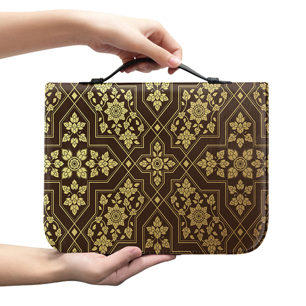 Gold And Brown Thai Pattern Print Leather Bible Cover
