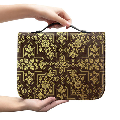 Gold And Brown Thai Pattern Print Leather Bible Cover