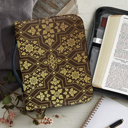 Gold And Brown Thai Pattern Print Leather Bible Cover