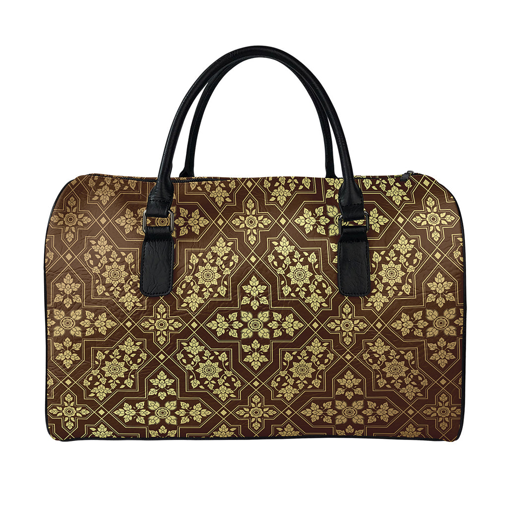 Gold And Brown Thai Pattern Print Leather Duffle Bag
