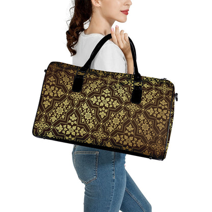 Gold And Brown Thai Pattern Print Leather Duffle Bag