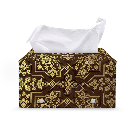 Gold And Brown Thai Pattern Print Leather Tissue Box Cover