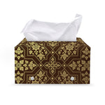 Gold And Brown Thai Pattern Print Leather Tissue Box Cover