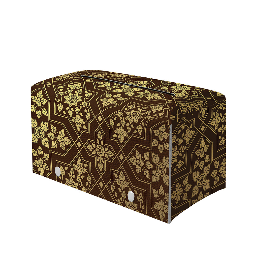 Gold And Brown Thai Pattern Print Leather Tissue Box Cover