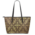 Gold And Brown Thai Pattern Print Leather Tote Bag With Zipper
