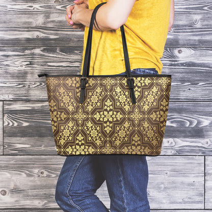 Gold And Brown Thai Pattern Print Leather Tote Bag