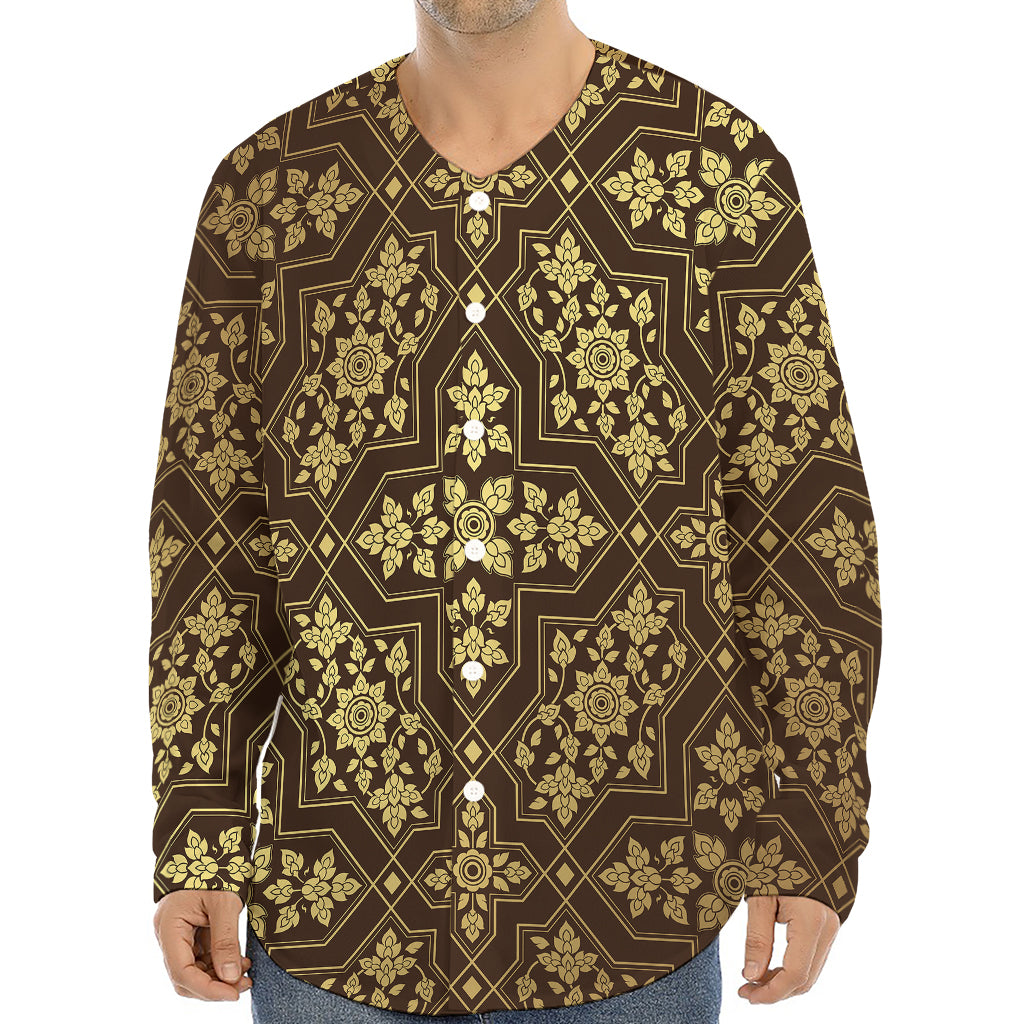 Gold And Brown Thai Pattern Print Long Sleeve Baseball Jersey