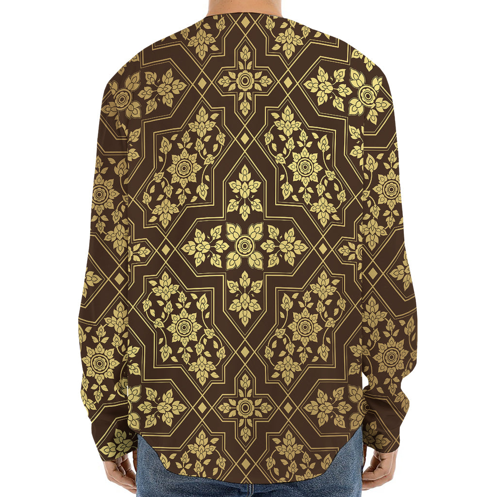 Gold And Brown Thai Pattern Print Long Sleeve Baseball Jersey