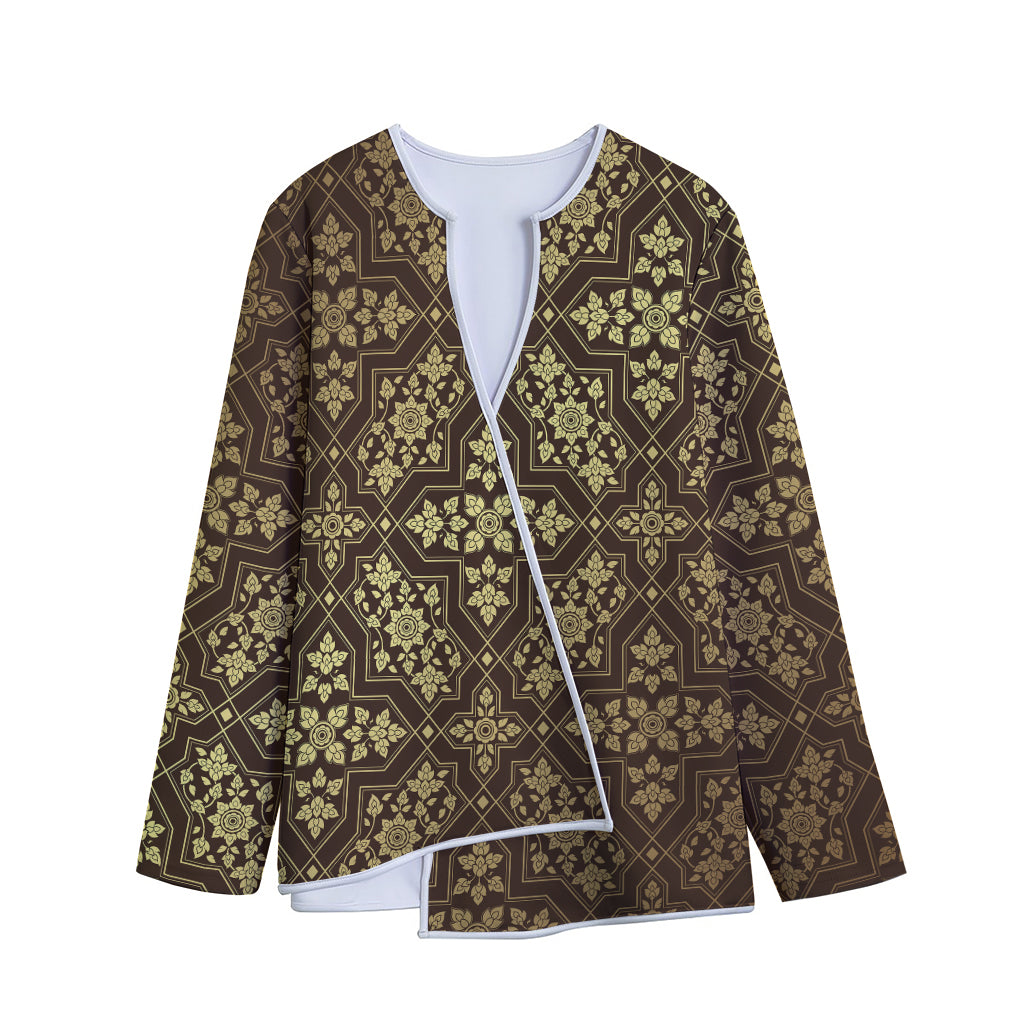 Gold And Brown Thai Pattern Print Long Sleeve Short Coat