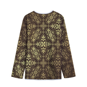 Gold And Brown Thai Pattern Print Long Sleeve Short Coat