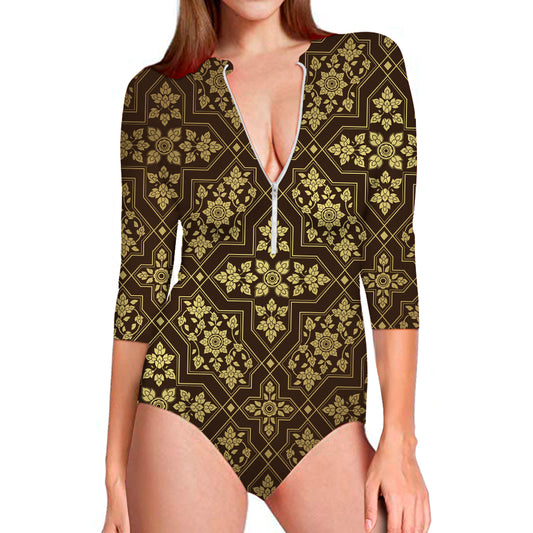 Gold And Brown Thai Pattern Print Long Sleeve Swimsuit