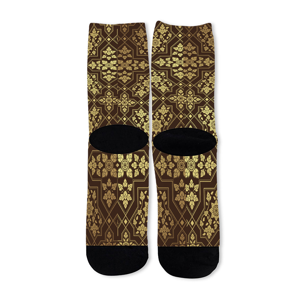 Gold And Brown Thai Pattern Print Long Socks