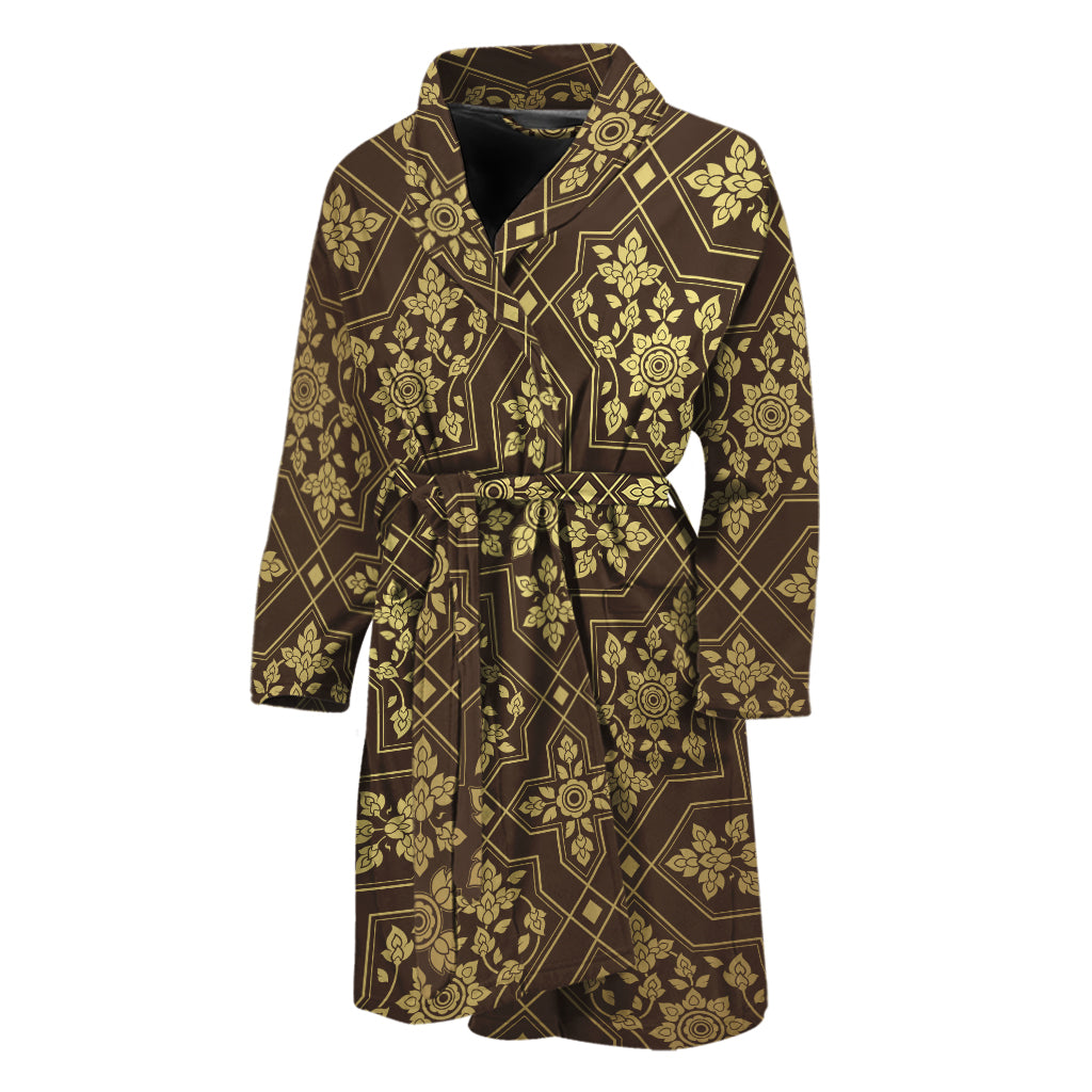 Gold And Brown Thai Pattern Print Men's Bathrobe