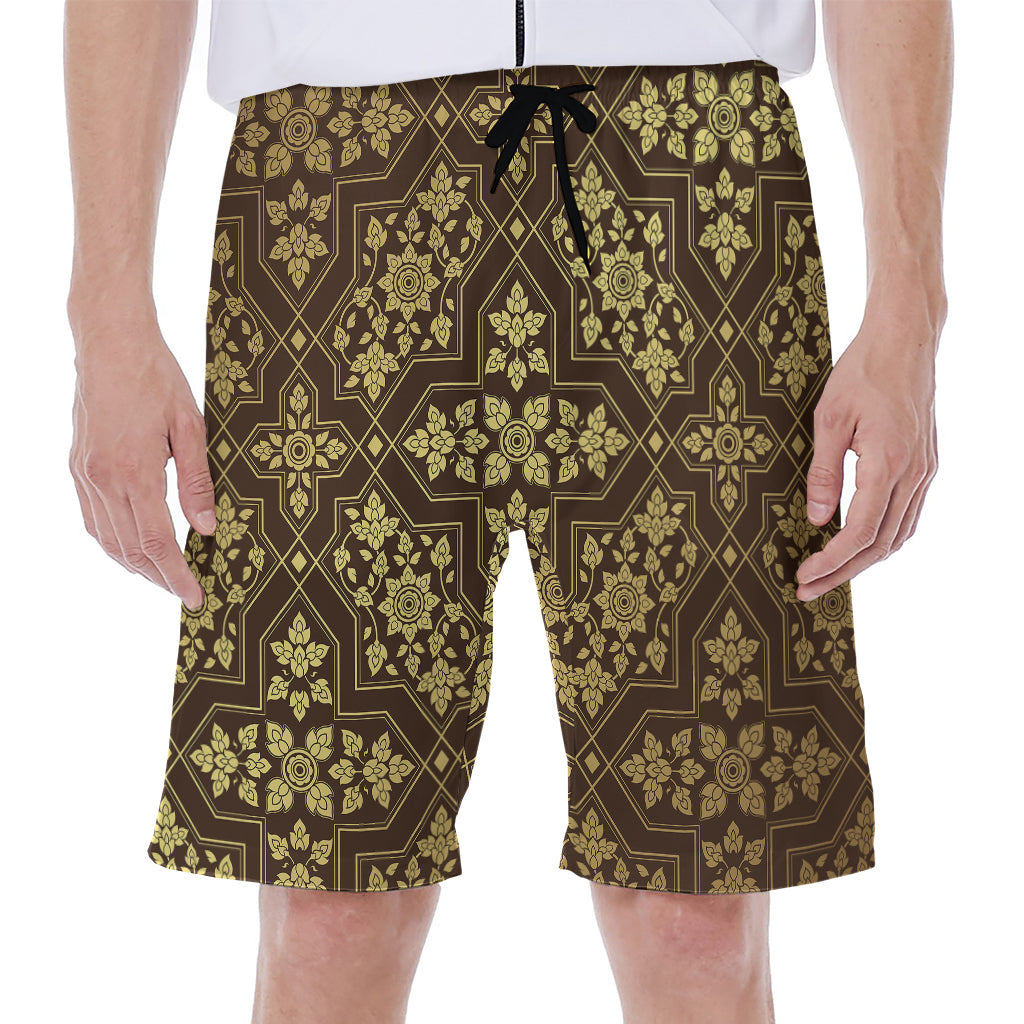 Gold And Brown Thai Pattern Print Men's Beach Shorts