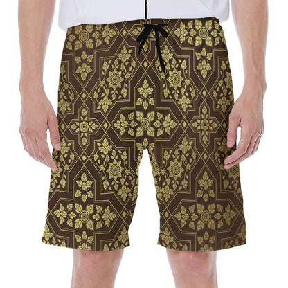 Gold And Brown Thai Pattern Print Men's Beach Shorts