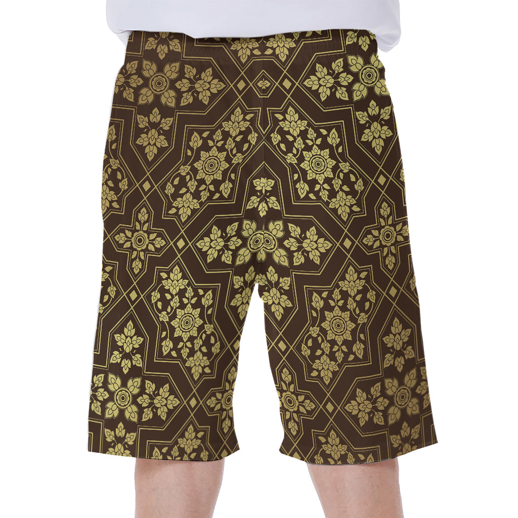 Gold And Brown Thai Pattern Print Men's Beach Shorts