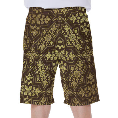 Gold And Brown Thai Pattern Print Men's Beach Shorts