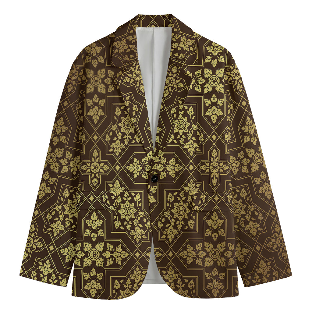 Gold And Brown Thai Pattern Print Men's Blazer