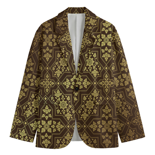 Gold And Brown Thai Pattern Print Men's Blazer