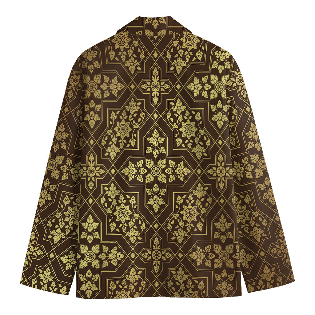 Gold And Brown Thai Pattern Print Men's Blazer