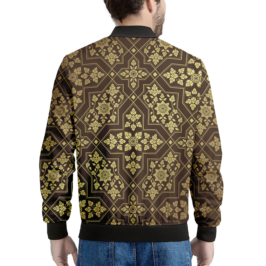 Gold And Brown Thai Pattern Print Men's Bomber Jacket
