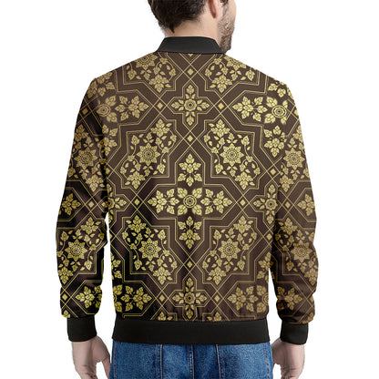 Gold And Brown Thai Pattern Print Men's Bomber Jacket